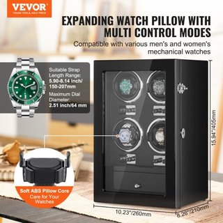 Reloj Winder, Reloj Winder para 4 Relojes Automáticos de Hombre y Mujer, con 4 Motores Mabuchi Japoneses Súper Silenciosos, Luz LED Azul y Adaptador, Carcasa de Tablero de Alta Densidad y PU Negro