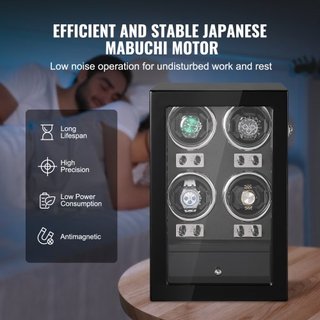 Reloj Winder, Reloj Winder para 4 Relojes Automáticos de Hombre y Mujer, con 4 Motores Mabuchi Japoneses Súper Silenciosos, Luz LED Azul y Adaptador, Carcasa de Tablero de Alta Densidad y PU Negro