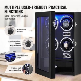 Reloj Winder, Reloj Winder para 4 Relojes Automáticos de Hombre y Mujer, con 4 Motores Mabuchi Japoneses Súper Silenciosos, Luz LED Azul y Adaptador, Carcasa de Tablero de Alta Densidad y PU Negro