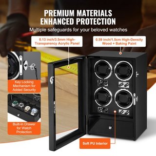 Reloj Winder, Reloj Winder para 4 Relojes Automáticos de Hombre y Mujer, con 4 Motores Mabuchi Japoneses Súper Silenciosos, Luz LED Azul y Adaptador, Carcasa de Tablero de Alta Densidad y PU Negro