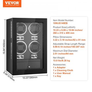 Reloj Winder, Reloj Winder para 4 Relojes Automáticos de Hombre y Mujer, con 4 Motores Mabuchi Japoneses Súper Silenciosos, Luz LED Azul y Adaptador, Carcasa de Tablero de Alta Densidad y PU Negro