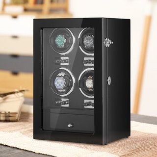 Reloj Winder, Reloj Winder para 4 Relojes Automáticos de Hombre y Mujer, con 4 Motores Mabuchi Japoneses Súper Silenciosos, Luz LED Azul y Adaptador, Carcasa de Tablero de Alta Densidad y PU Negro