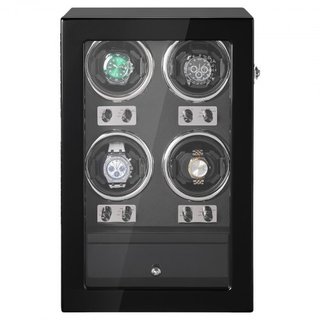 Reloj Winder, Reloj Winder para 4 Relojes Automáticos de Hombre y Mujer, con 4 Motores Mabuchi Japoneses Súper Silenciosos, Luz LED Azul y Adaptador, Carcasa de Tablero de Alta Densidad y PU Negro