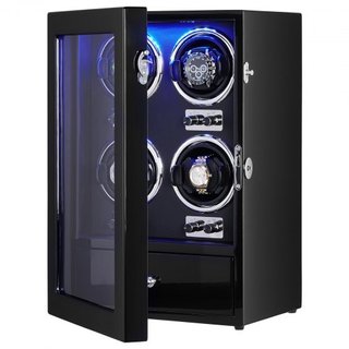 Reloj Winder, Reloj Winder para 4 Relojes Automáticos de Hombre y Mujer, con 4 Motores Mabuchi Japoneses Súper Silenciosos, Luz LED Azul y Adaptador, Carcasa de Tablero de Alta Densidad y PU Negro