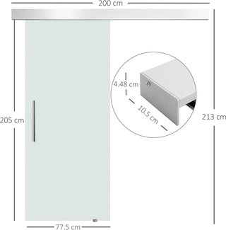 Puerta Corredera Interior de Vidrio Esmerilado Con Riel B1 y Manija para Baño Cocina Estudio Vidrio 205X 77,5X 0,8Cm