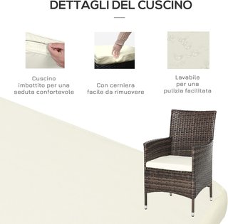 Set di mobili da giardino in rattan, set di mobili da giardino 3 pezzi con tavolo e 2 sedie con cuscini marroni