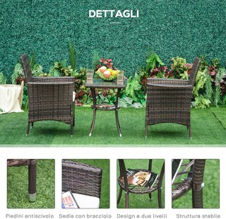 Set di mobili da giardino in rattan, set di mobili da giardino 3 pezzi con tavolo e 2 sedie con cuscini marroni