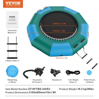 Bouncer de Agua Inflable, Trampolín Recreativo de Agua de 10 pies, Plataforma de Salto Portátil con Escalera de 3 Pasos y Bomba de Aire Eléctrica, Rebotador Flotante para Niños y Adultos para Pisc...