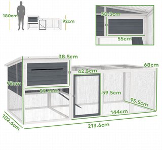 Gallinero para Gallinas Ponedoras de Exterior con Casa, Nido para Incubar, Techo Impermeable, Bandeja Extraíble y Puertas, Jaula Recinto para 2-4 Gallinas y Conejos de Madera, 214X101X91.5Cm, Gris