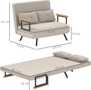 Sofá Cama 4 en 1 de 2 Plazas, Con Respaldo Regulable en 5 Posiciones, Sofá Cama Matrimonial Plegable Con 2 Cojines, Asiento Acolchado, en Terciopelo para Casa y Oficina, 102X73X81 Cm, Crema