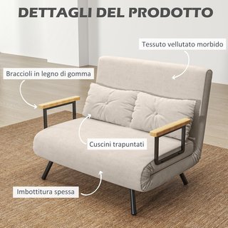 Sofá Cama 4 en 1 de 2 Plazas, Con Respaldo Regulable en 5 Posiciones, Sofá Cama Matrimonial Plegable Con 2 Cojines, Asiento Acolchado, en Terciopelo para Casa y Oficina, 102X73X81 Cm, Crema