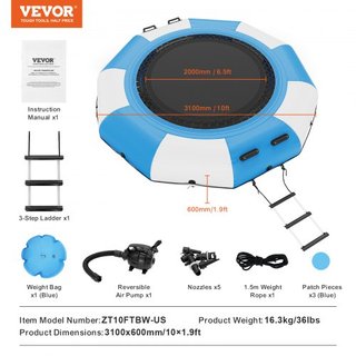 Bouncer de Agua Inflable, Trampolín Recreativo de Agua de 10 pies, Plataforma de Salto Portátil con Escalera de 3 Pasos y Bomba de Aire Eléctrica, Rebotador Flotante para Niños y Adultos para Pisc...