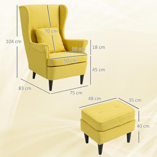 Sillón Relax Con Puff Reposapiés, Cojín Y Respaldo Alto, Silloncito Para Dormitorio En Tejido Acolchado Con Patas De Madera Y Apoyabrazos Para Sala Y Estancia, 75X83X104 Cm, Amarillo