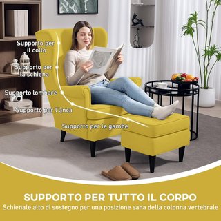 Sillón Relax Con Puff Reposapiés, Cojín Y Respaldo Alto, Silloncito Para Dormitorio En Tejido Acolchado Con Patas De Madera Y Apoyabrazos Para Sala Y Estancia, 75X83X104 Cm, Amarillo