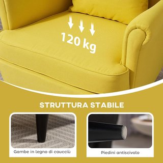 Sillón Relax Con Puff Reposapiés, Cojín Y Respaldo Alto, Silloncito Para Dormitorio En Tejido Acolchado Con Patas De Madera Y Apoyabrazos Para Sala Y Estancia, 75X83X104 Cm, Amarillo