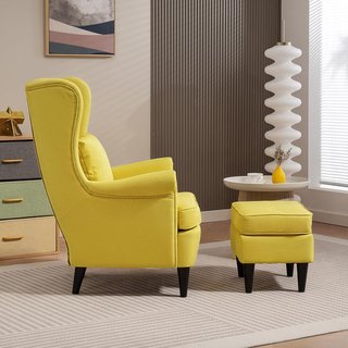 Sillón Relax Con Puff Reposapiés, Cojín Y Respaldo Alto, Silloncito Para Dormitorio En Tejido Acolchado Con Patas De Madera Y Apoyabrazos Para Sala Y Estancia, 75X83X104 Cm, Amarillo