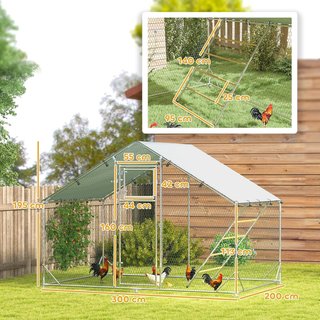 Gallinero para Gallinas de Exterior, 3X2X2 M 6 M² Recinto para 6-8 Gallinas en Acero Galvanizado, Jaula para Pollos con Techo Impermeable Anti-Uv Comedero Cerradura para Pequeños Animales Conejos ...