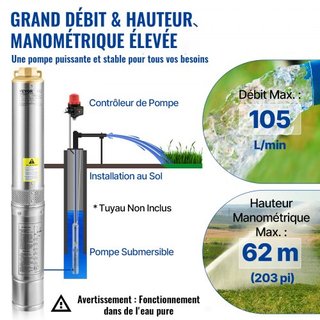 Bomba Sumergible de Pozo Profundo, 750W 230V/50Hz, 105L/min 62 m de Altura, Cable de 20 m y Interruptor de Presión Automático, Bombas de Agua de Acero Inoxidable de 8.9 cm para Uso Industrial, Irr...