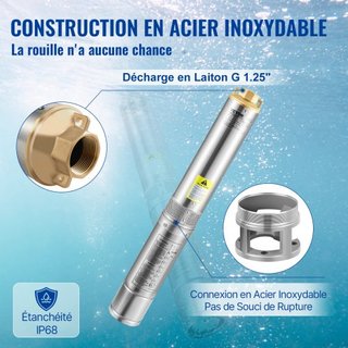 Bomba Sumergible de Pozo Profundo, 750W 230V/50Hz, 105L/min 62 m de Altura, Cable de 20 m y Interruptor de Presión Automático, Bombas de Agua de Acero Inoxidable de 8.9 cm para Uso Industrial, Irr...
