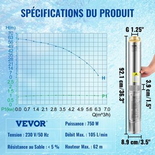 Bomba Sumergible de Pozo Profundo, 750W 230V/50Hz, 105L/min 62 m de Altura, Cable de 20 m y Interruptor de Presión Automático, Bombas de Agua de Acero Inoxidable de 8.9 cm para Uso Industrial, Irr...