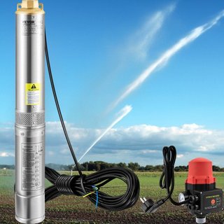Bomba Sumergible de Pozo Profundo, 750W 230V/50Hz, 105L/min 62 m de Altura, Cable de 20 m y Interruptor de Presión Automático, Bombas de Agua de Acero Inoxidable de 8.9 cm para Uso Industrial, Irr...