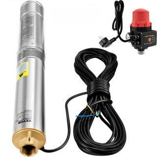 Bomba Sumergible de Pozo Profundo, 750W 230V/50Hz, 105L/min 62 m de Altura, Cable de 20 m y Interruptor de Presión Automático, Bombas de Agua de Acero Inoxidable de 8.9 cm para Uso Industrial, Irr...