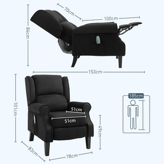 Sillón Relax Masajeador Reclinable Con Control Remoto Y Tapizado Suede, 78X83X101Cm, Negro