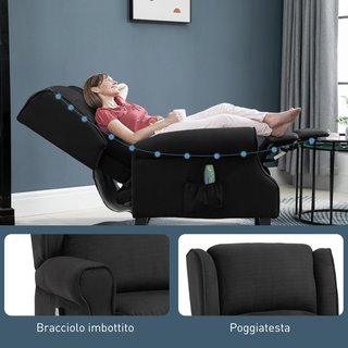 Sillón Relax Masajeador Reclinable Con Control Remoto Y Tapizado Suede, 78X83X101Cm, Negro