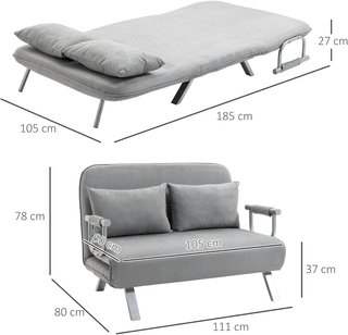 Sofá Cama de 2 Plazas con Respaldo Regulable en 5 Niveles, Sofá Cama Matrimonial Plegable con 2 Cojines para Sala de Estar, en Piel Sintética de Ante y Acero, 111X80X78 Cm, Gris Claro