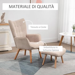 Sillón Relax Con Puff Reposapiés, Sillón Para Dormitorio Y Sala De Estar En Terciopelo A Rayas Con Respaldo Alto Y Apoyabrazos, Beige