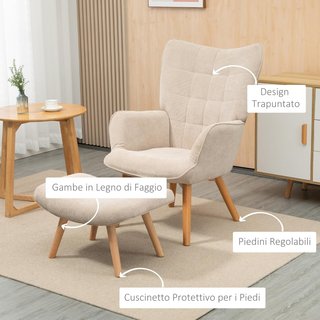 Sillón Relax Con Puff Reposapiés, Sillón Para Dormitorio Y Sala De Estar En Terciopelo A Rayas Con Respaldo Alto Y Apoyabrazos, Beige