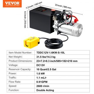 Bomba Hidráulica, Unidad de Potencia Hidráulica de 10 Cuartos, Bomba de Remolque de Doble Acción, Tasa de Flujo de 0.91 GPM, Presión Máxima de Alivio de 3200 PSI, Bomba Hidráulica de 12V CC para E...