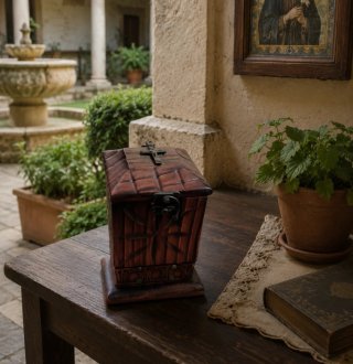 Antiguo limosnero de madera con cruz