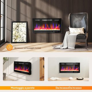 Chimenea Eléctrica de Pared y Empotrada 3 en 1 900/1800W con Calefacción Ultra Delgada 9.4Cm, 12 Colores de Llama 3D y Cristal, Chimenea Eléctrica con Pantalla Táctil, Control Remoto, Temporizador...