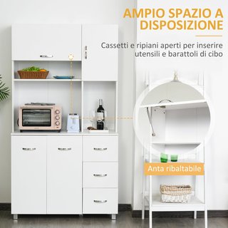 Credenza Alta Moderna Con Cassetti Y Armarios, Mueble De Cocina Para Microondas Con Estantes Abiertos, 100X39.5X183.5Cm, Blanco
