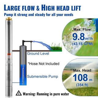 Bomba Sumergible de Pozo Profundo, 2HP/1500W 230V/50Hz, Flujo de 9.8 m³/h, Altura de 108 m, con Cable Eléctrico de 9.1 m, Bombas de Agua de Acero Inoxidable para Uso Industrial, Irrigación y Domés...