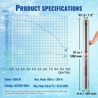Bomba Sumergible de Pozo Profundo, 2HP/1500W 230V/50Hz, Flujo de 9.8 m³/h, Altura de 108 m, con Cable Eléctrico de 9.1 m, Bombas de Agua de Acero Inoxidable para Uso Industrial, Irrigación y Domés...