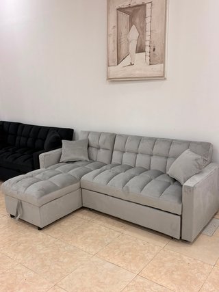 Sofá Cama Chaise Longue Gris Terciopelo
