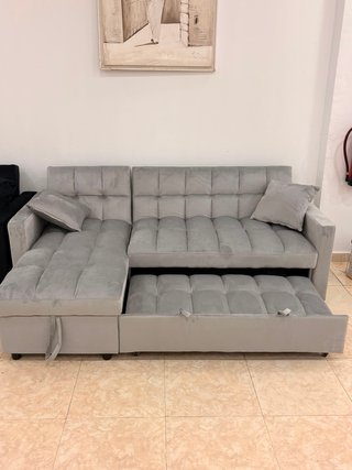 Sofá Cama Chaise Longue Gris Terciopelo