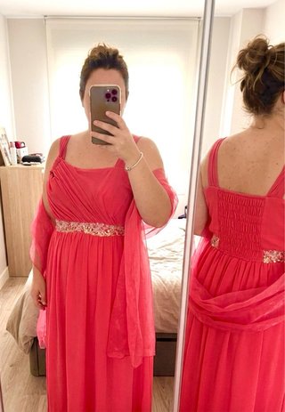 Vestido largo invitada boda rosa y dorado