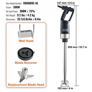 Batidora de Inmersión Comercial, Mezclador de Mano Pesado de 500 Vatios, Mezclador de Variedad de Velocidades con Cuchilla de Acero Inoxidable 304, Mezclador Portátil Multiusos para Sopa, Batido, ...