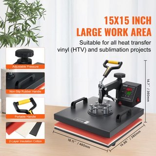 Máquina de Prensa Térmica, 15x15 pulgadas / 38x38 cm, Impresora de Transferencia por Sublimación 2EN1 Clamshell con Recubrimiento de Teflón, Control de Calor Digital Preciso, Powerpress para Camis...