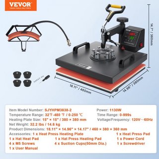 Máquina de Prensa Térmica, 15x15 pulgadas / 38x38 cm, Impresora de Transferencia por Sublimación 2EN1 Clamshell con Recubrimiento de Teflón, Control de Calor Digital Preciso, Powerpress para Camis...