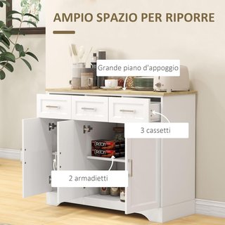 Credenza Moderna De Cocina Con 3 Cajones Y 3 Puertas En MDF, Mueble Multiuso Con Estante Regulable Para Cocina Y Sala De Estar, 101X39X82 Cm, Blanco