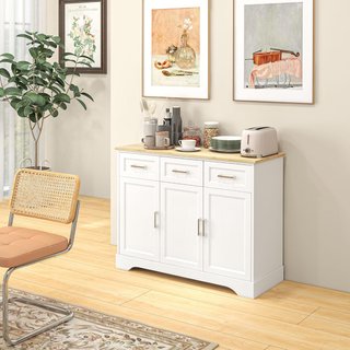 Credenza Moderna De Cocina Con 3 Cajones Y 3 Puertas En MDF, Mueble Multiuso Con Estante Regulable Para Cocina Y Sala De Estar, 101X39X82 Cm, Blanco