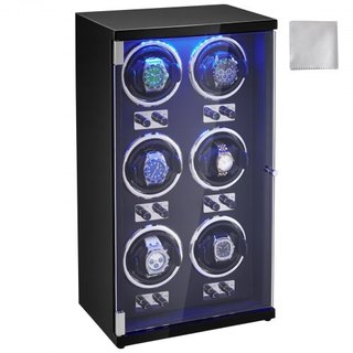 Reloj Winder, Reloj Winder para 6 Relojes Automáticos de Hombre y Mujer, con 6 Motores Japoneses Mabuchi Súper Silenciosos, Luz LED Azul y Adaptador, Carcasa de Tablero de Alta Densidad y PU Negro