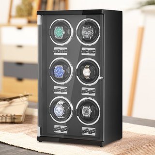 Reloj Winder, Reloj Winder para 6 Relojes Automáticos de Hombre y Mujer, con 6 Motores Japoneses Mabuchi Súper Silenciosos, Luz LED Azul y Adaptador, Carcasa de Tablero de Alta Densidad y PU Negro
