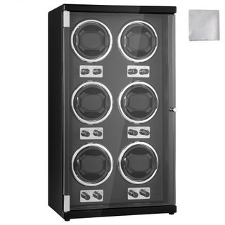 Reloj Winder, Reloj Winder para 6 Relojes Automáticos de Hombre y Mujer, con 6 Motores Japoneses Mabuchi Súper Silenciosos, Luz LED Azul y Adaptador, Carcasa de Tablero de Alta Densidad y PU Negro