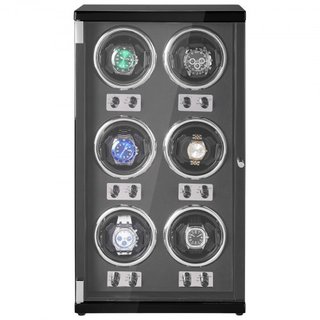 Reloj Winder, Reloj Winder para 6 Relojes Automáticos de Hombre y Mujer, con 6 Motores Japoneses Mabuchi Súper Silenciosos, Luz LED Azul y Adaptador, Carcasa de Tablero de Alta Densidad y PU Negro