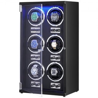 Reloj Winder, Reloj Winder para 6 Relojes Automáticos de Hombre y Mujer, con 6 Motores Japoneses Mabuchi Súper Silenciosos, Luz LED Azul y Adaptador, Carcasa de Tablero de Alta Densidad y PU Negro